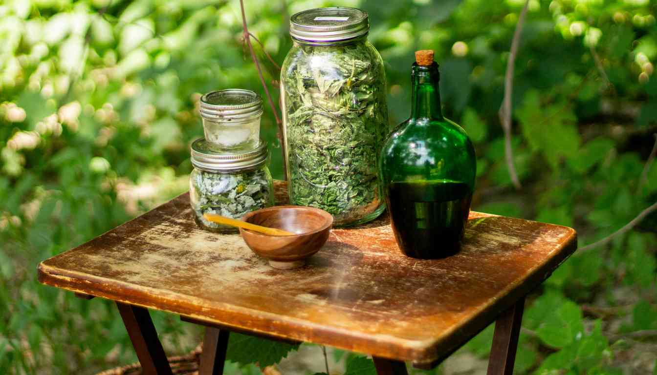 Two glass jars filled with dried herbs on a rustic wooden table, alongside a green glass bottle and a small wooden bowl.