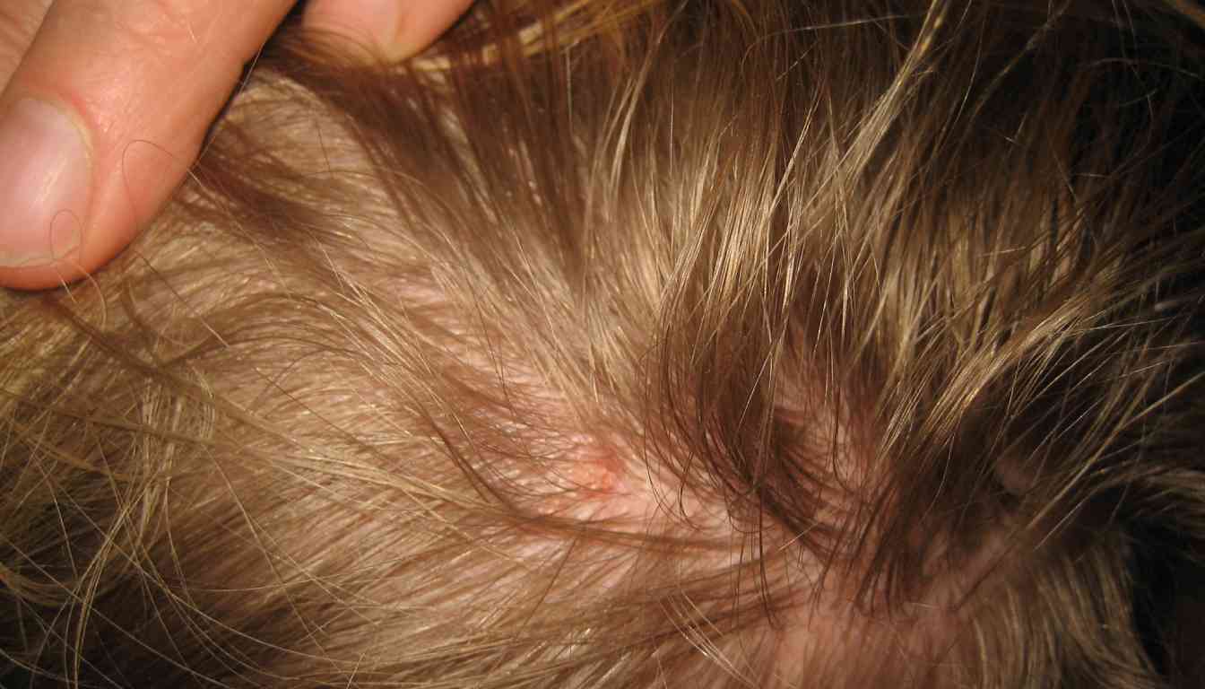 Close-up image of a human scalp with light brown hair, showing the roots and individual hair strands in detail.