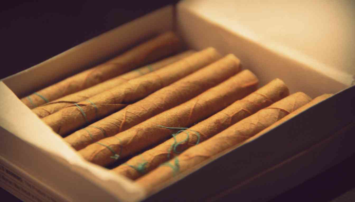 A close-up view of a box containing several herbal cigarettes, each wrapped in brown paper and tied with a thin green string.