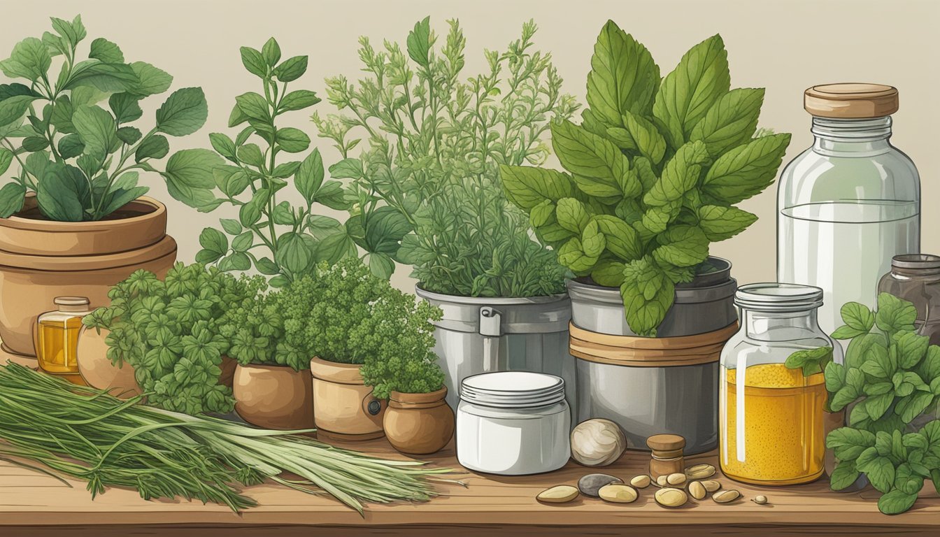 An assortment of herbs and containers on a beige background.