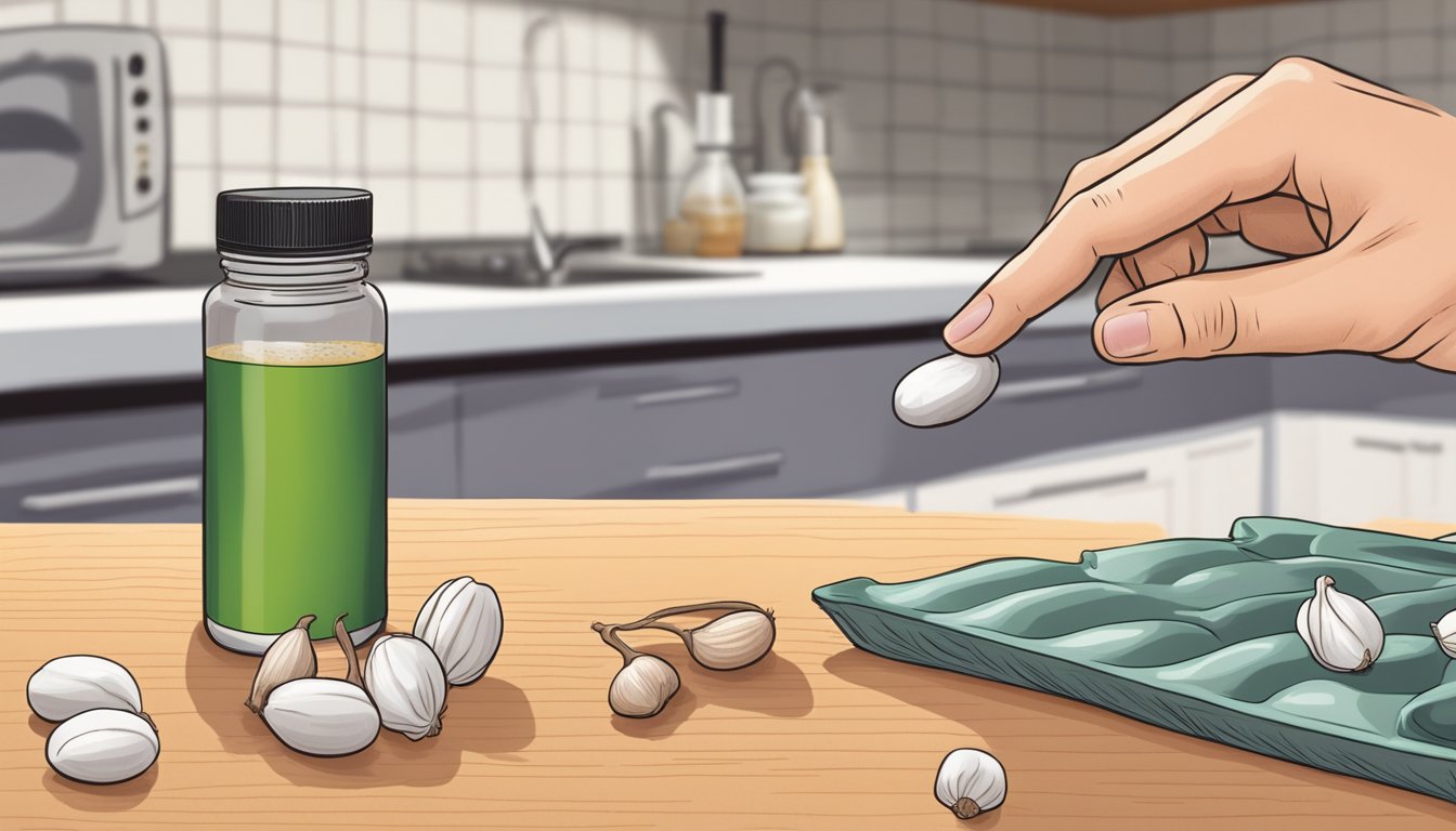A hand reaching for a pill next to a bottle of antibiotics and garlic cloves on a kitchen counter.