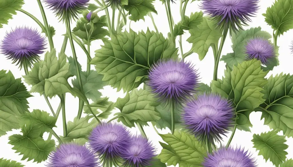 Illustration of Arctium Lappa plant with purple flowers and green leaves.