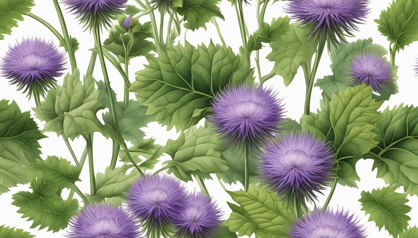Illustration of Arctium Lappa plant with purple flowers and green leaves.