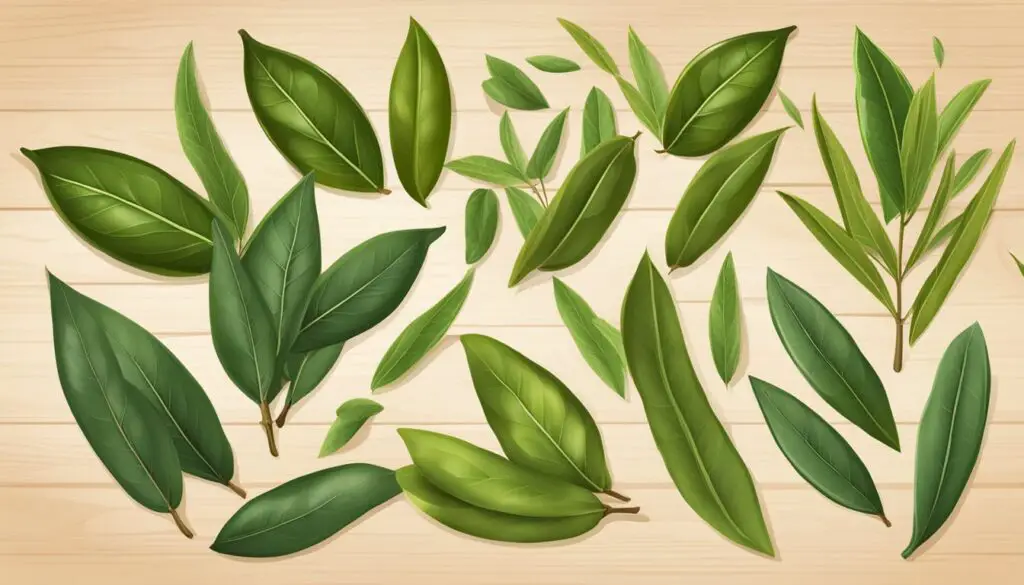 Illustration of bay leaves scattered on a wooden background.