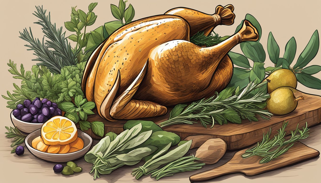 Illustration of a roasted turkey with herbs and fruits on a wooden cutting board.
