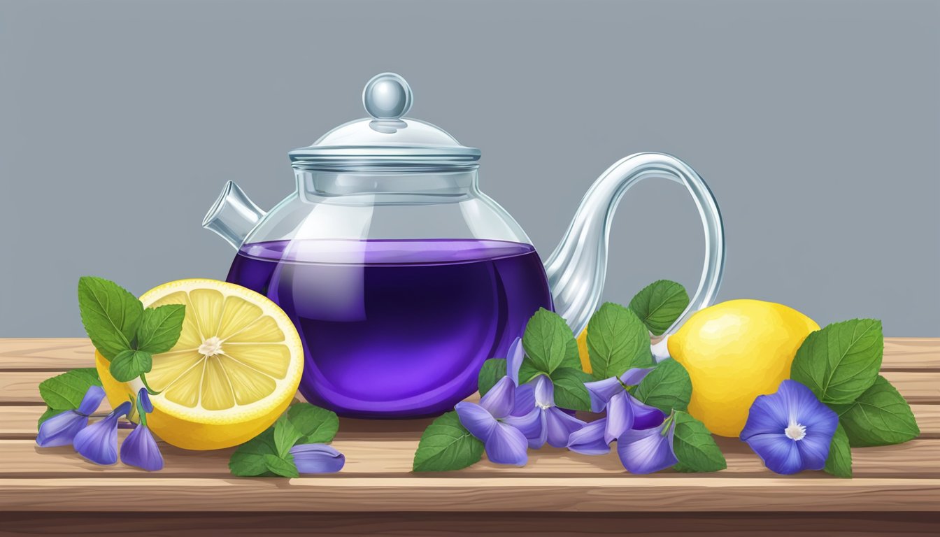 A glass teapot with purple liquid, surrounded by lemons and butterfly pea flowers.