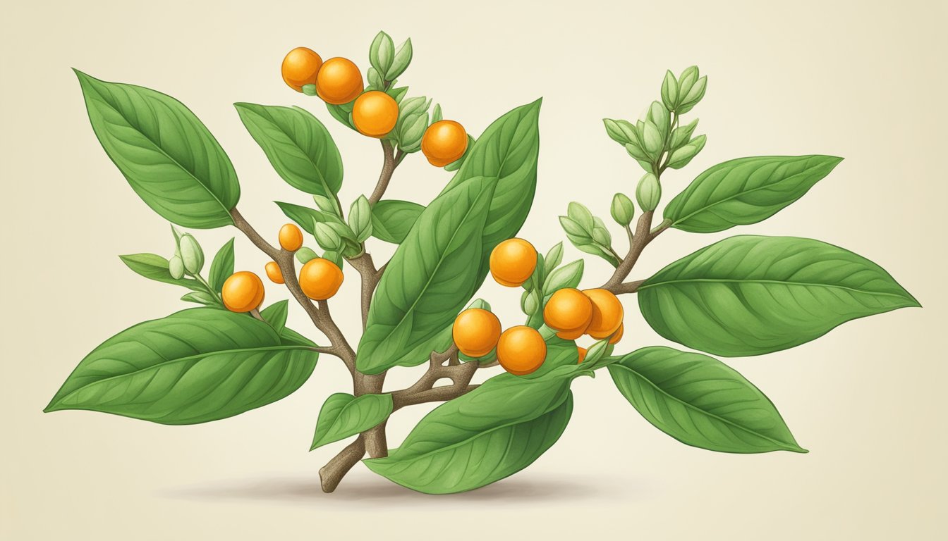 An illustration of an Ashwagandha plant bearing orange berries.