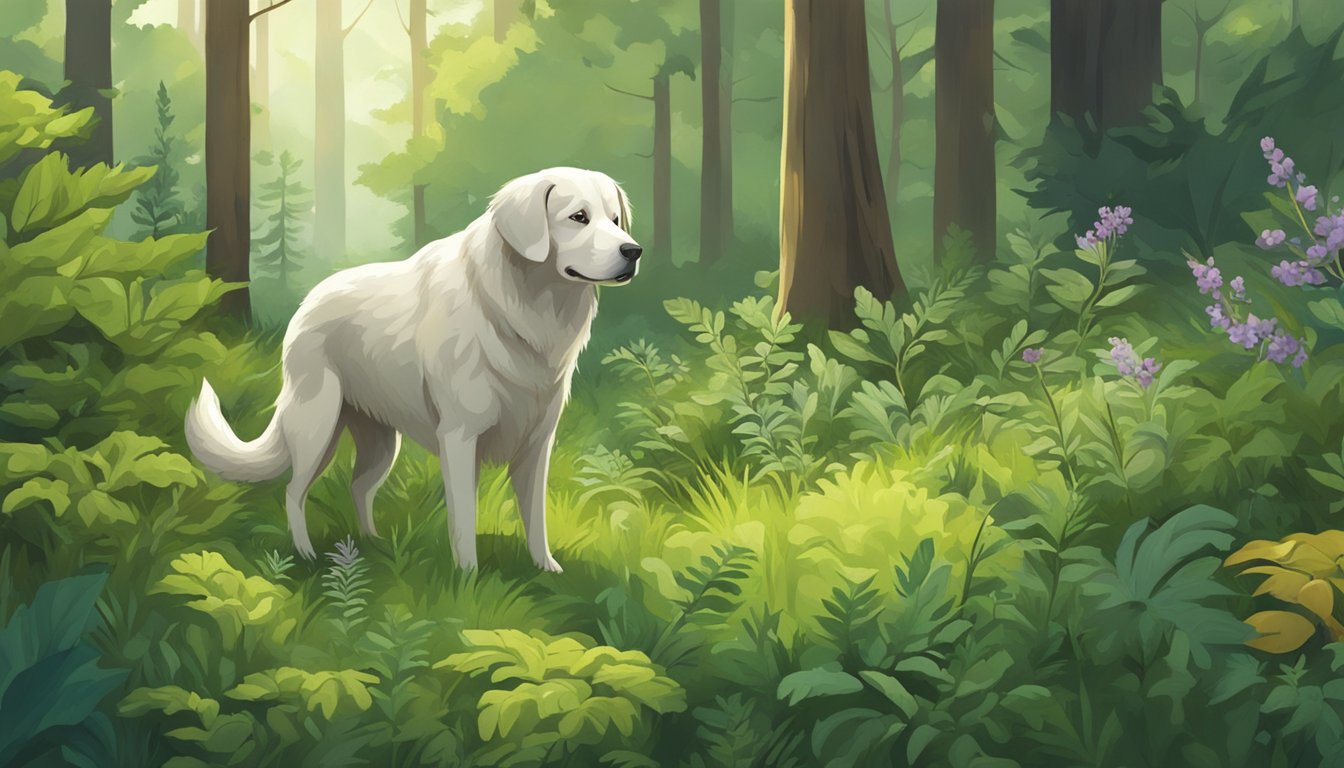 A white dog standing in a forest with purple flowers.