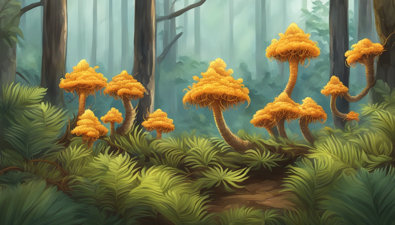 Illustration of cordyceps mushrooms growing in a forest.