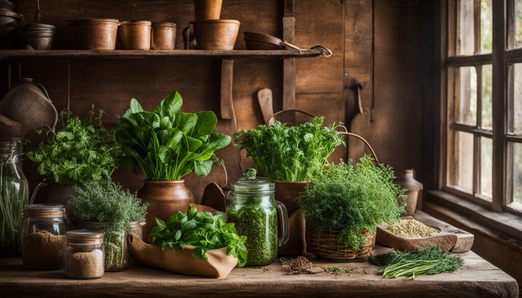 A rustic kitchen scene with various fresh herbs in pots, jars, and baskets on a wooden table near a window.