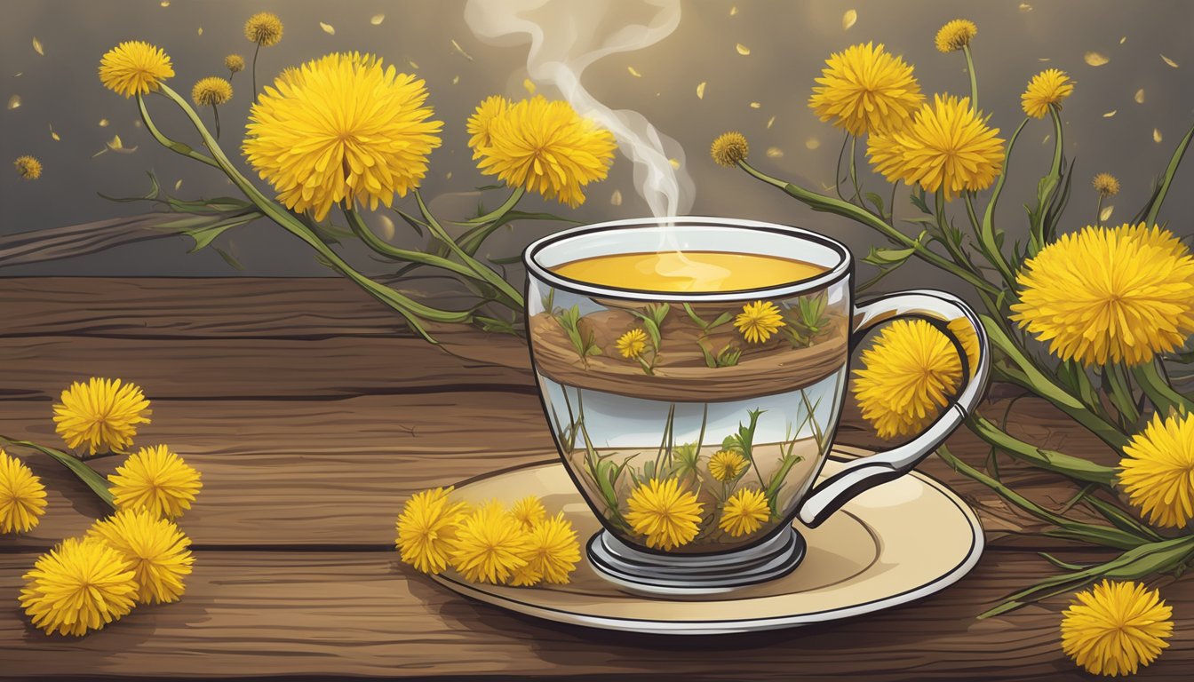 Illustration of a cup of dandelion root tea on a wooden table with dandelion flowers scattered around.