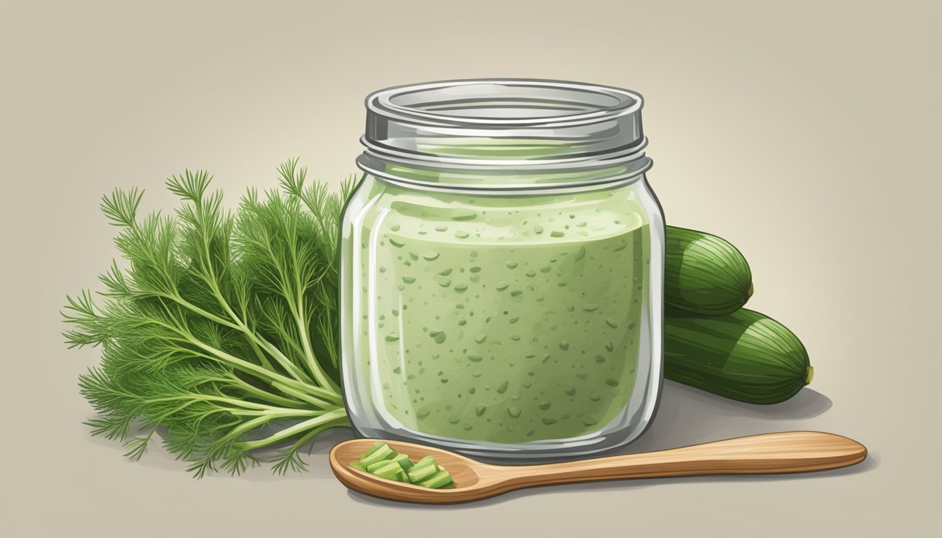 An illustration of a mason jar filled with light green dill dressing, accompanied by a wooden spoon and whole and sliced cucumbers.