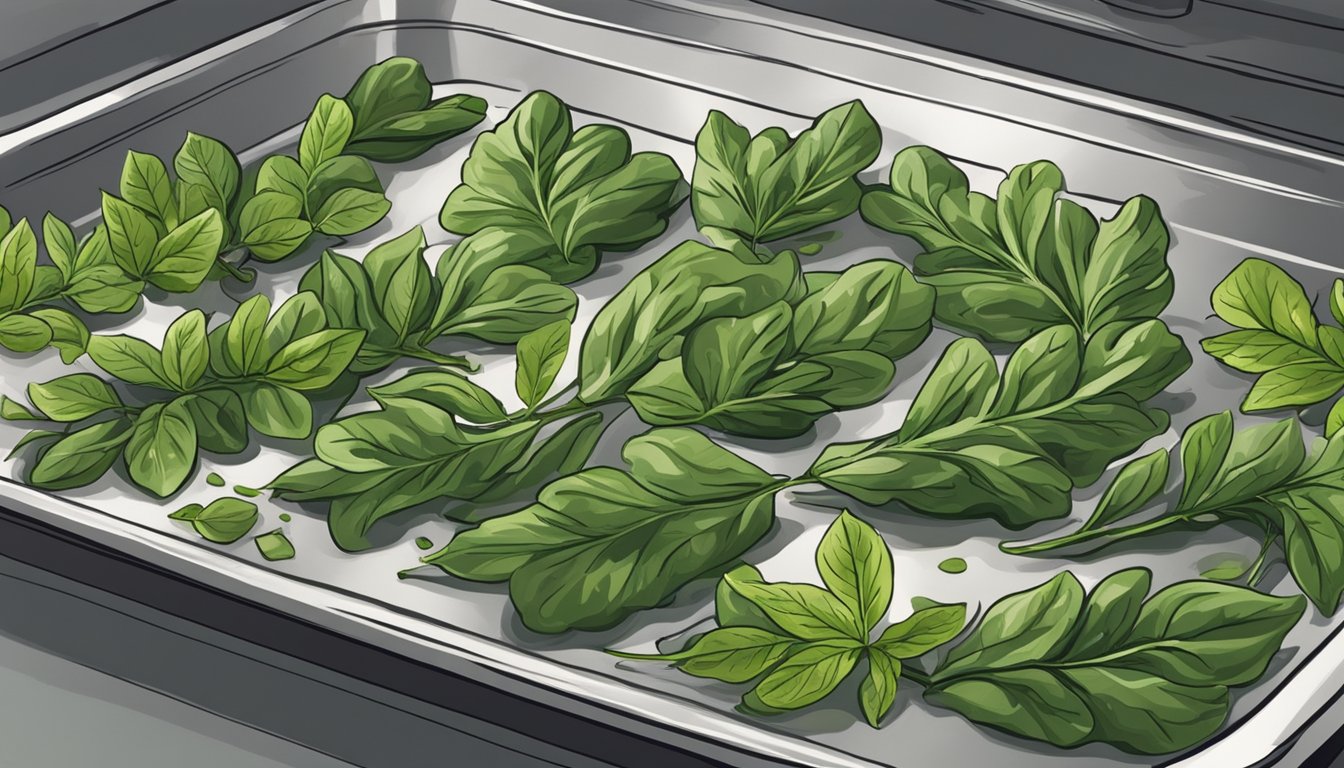 An illustration of vibrant green basil leaves spread out on a baking sheet in a modern stainless steel oven.
