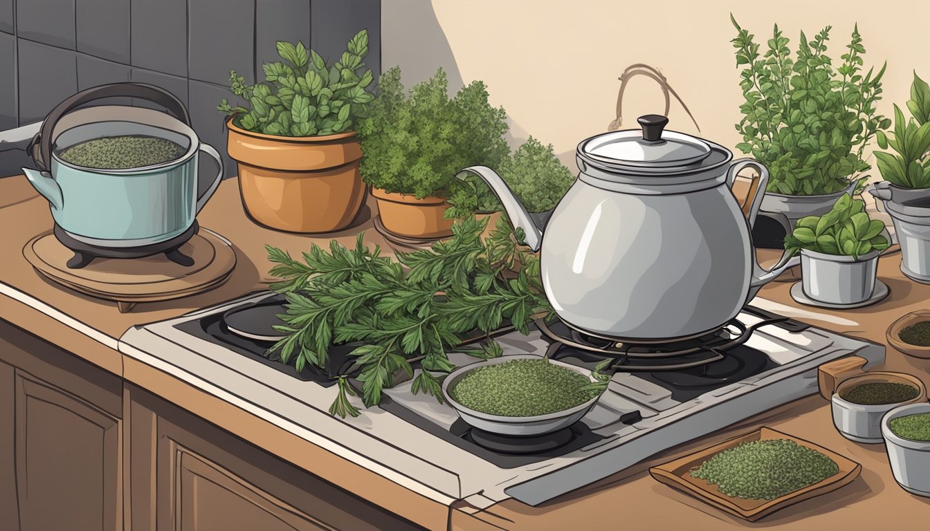Illustration of a kitchen counter with various herbs and tea pots.