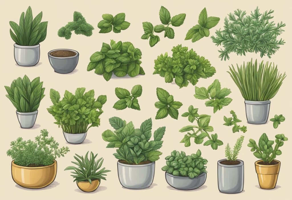 Illustration of 20 commonly used herbs in the kitchen.