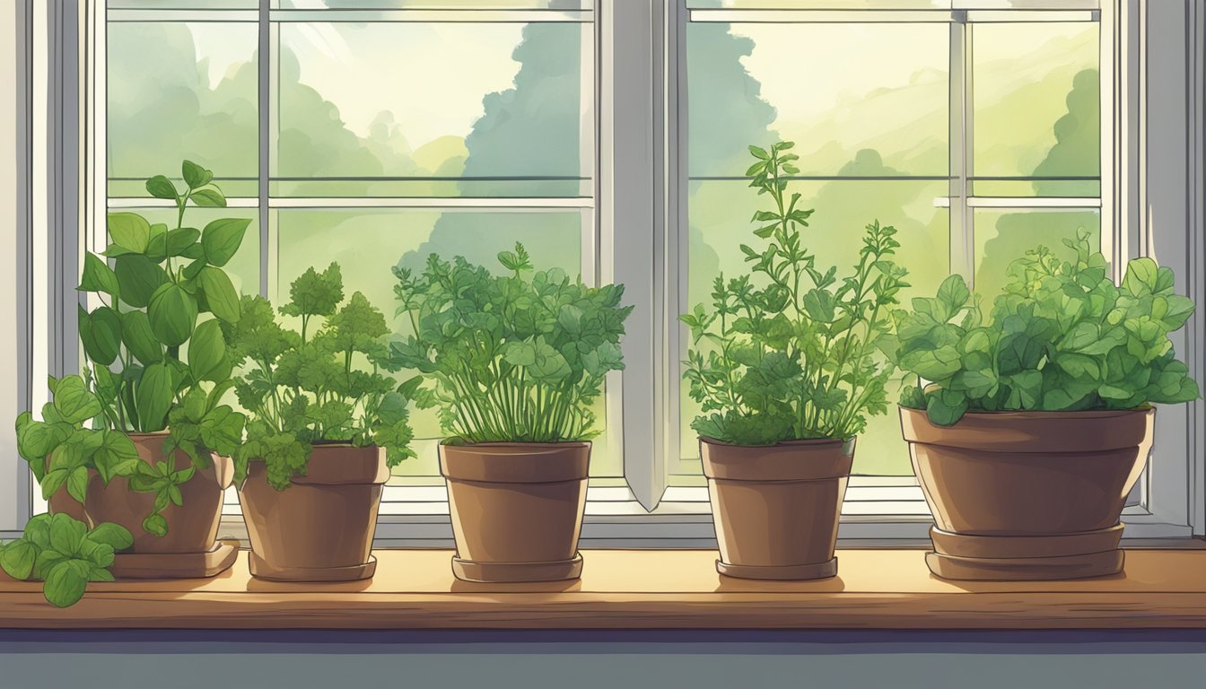 A variety of potted herbs on a windowsill.