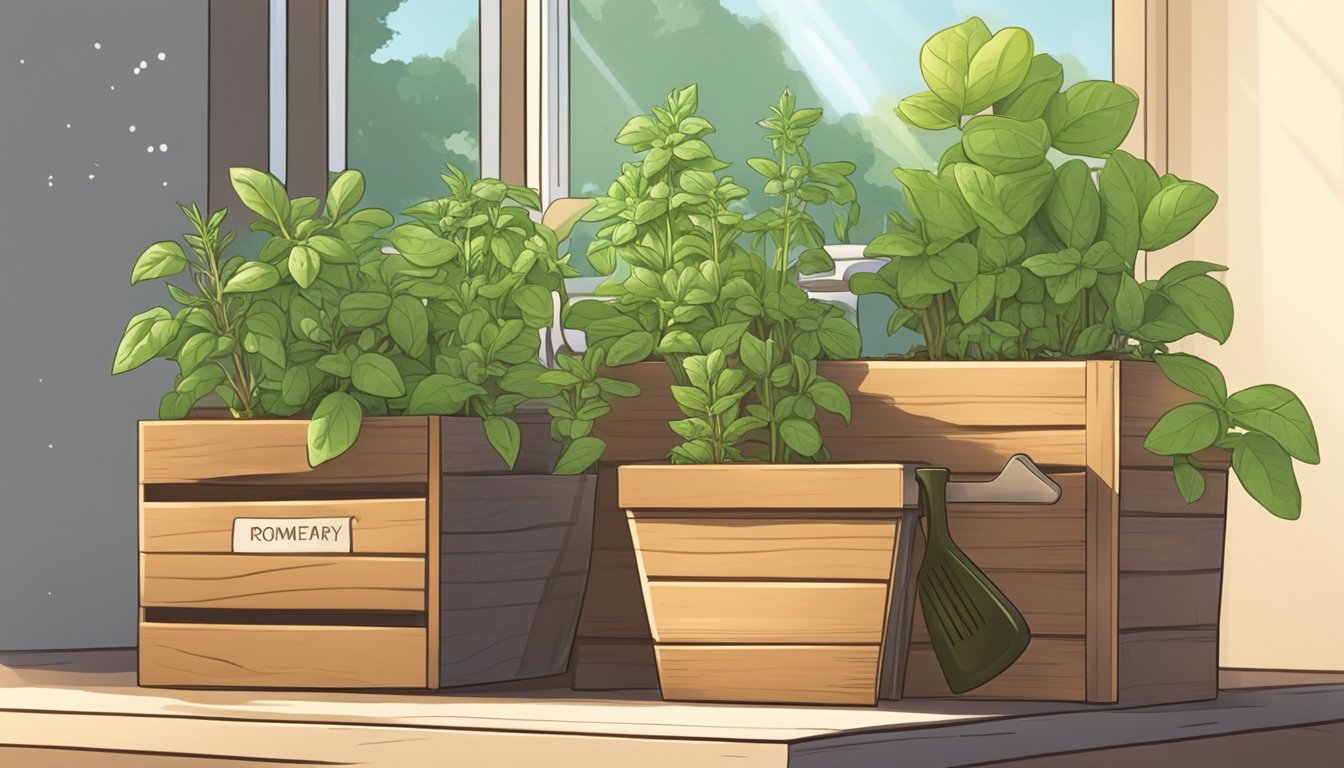 An illustration of a windowsill herb garden with planters labeled “Rosemary”, “Basil”, and “Mint”.