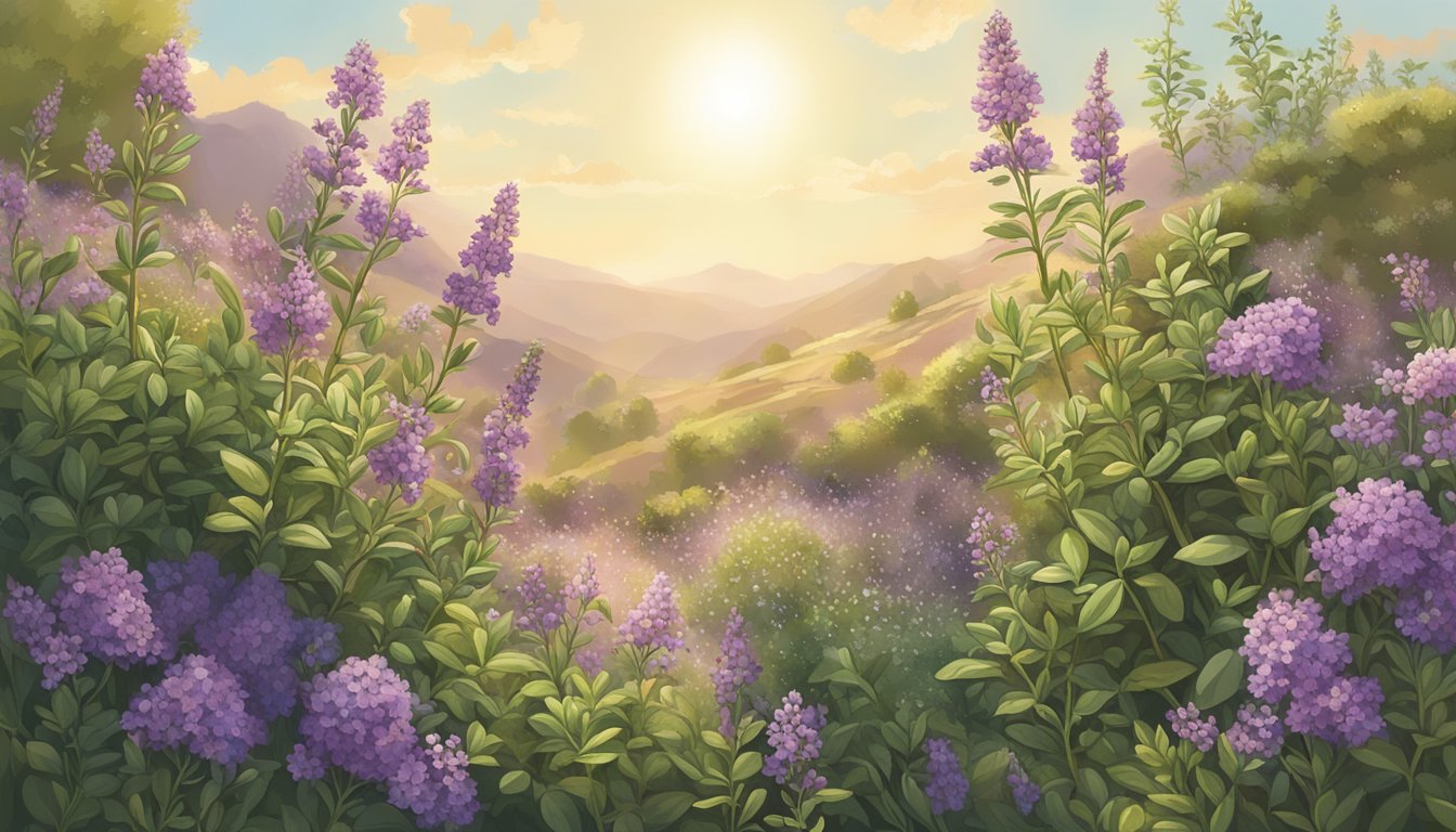 A serene illustration of a thyme herb field at sunrise.