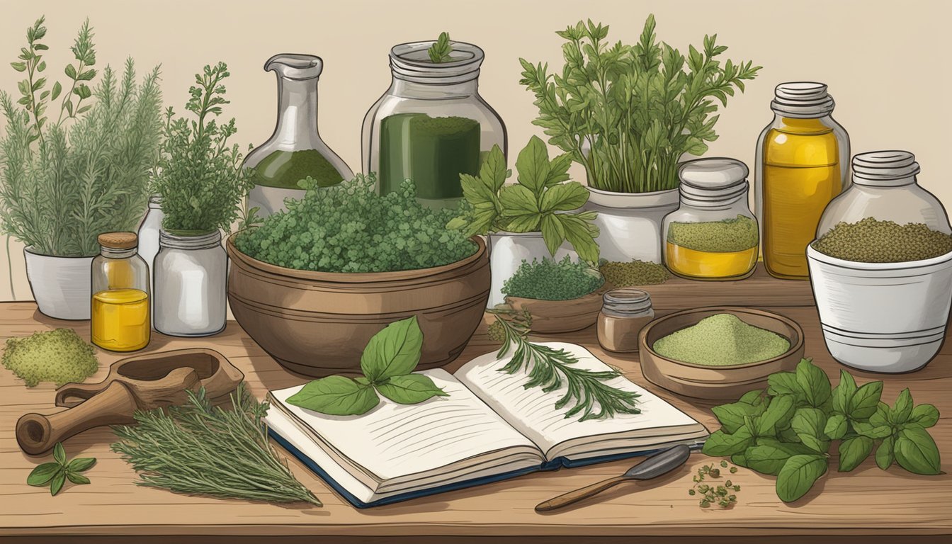 Illustration of various herbs and ingredients used in healing salves.