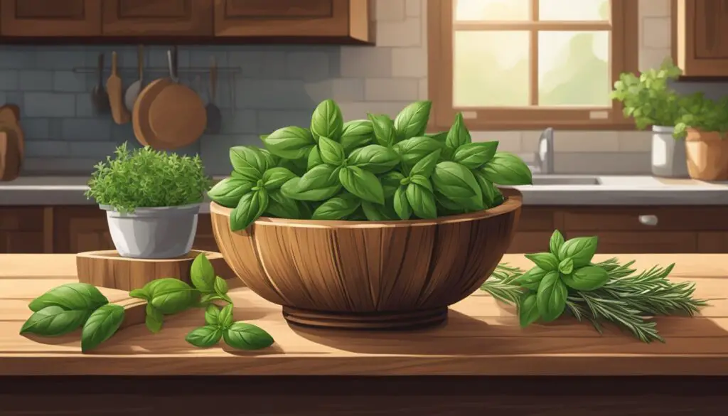 A wooden bowl filled with fresh basil on a kitchen counter, with other herbs like rosemary and thyme scattered around, set against a backdrop of a kitchen with blue cabinets and a window.