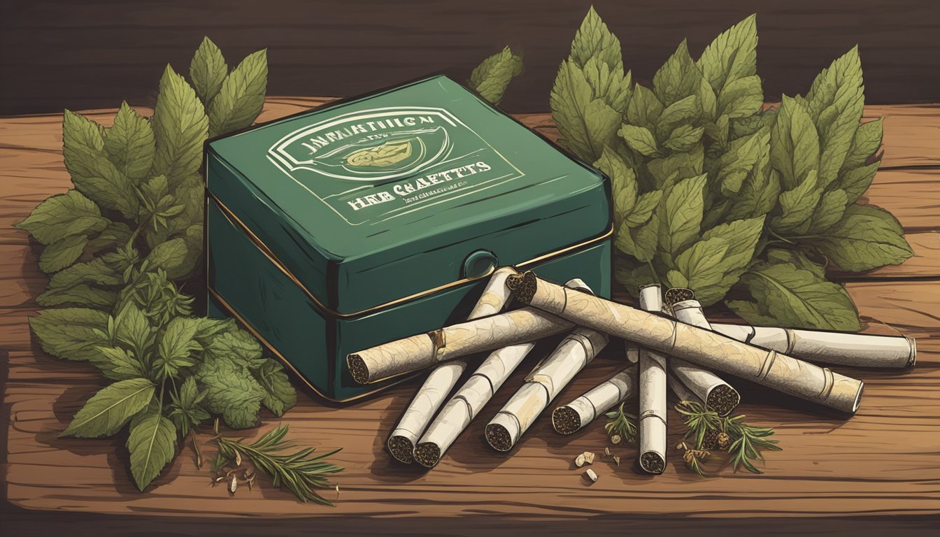 An illustration of a tin of herb cigarettes with scattered cigarettes and leaves on a wooden surface.