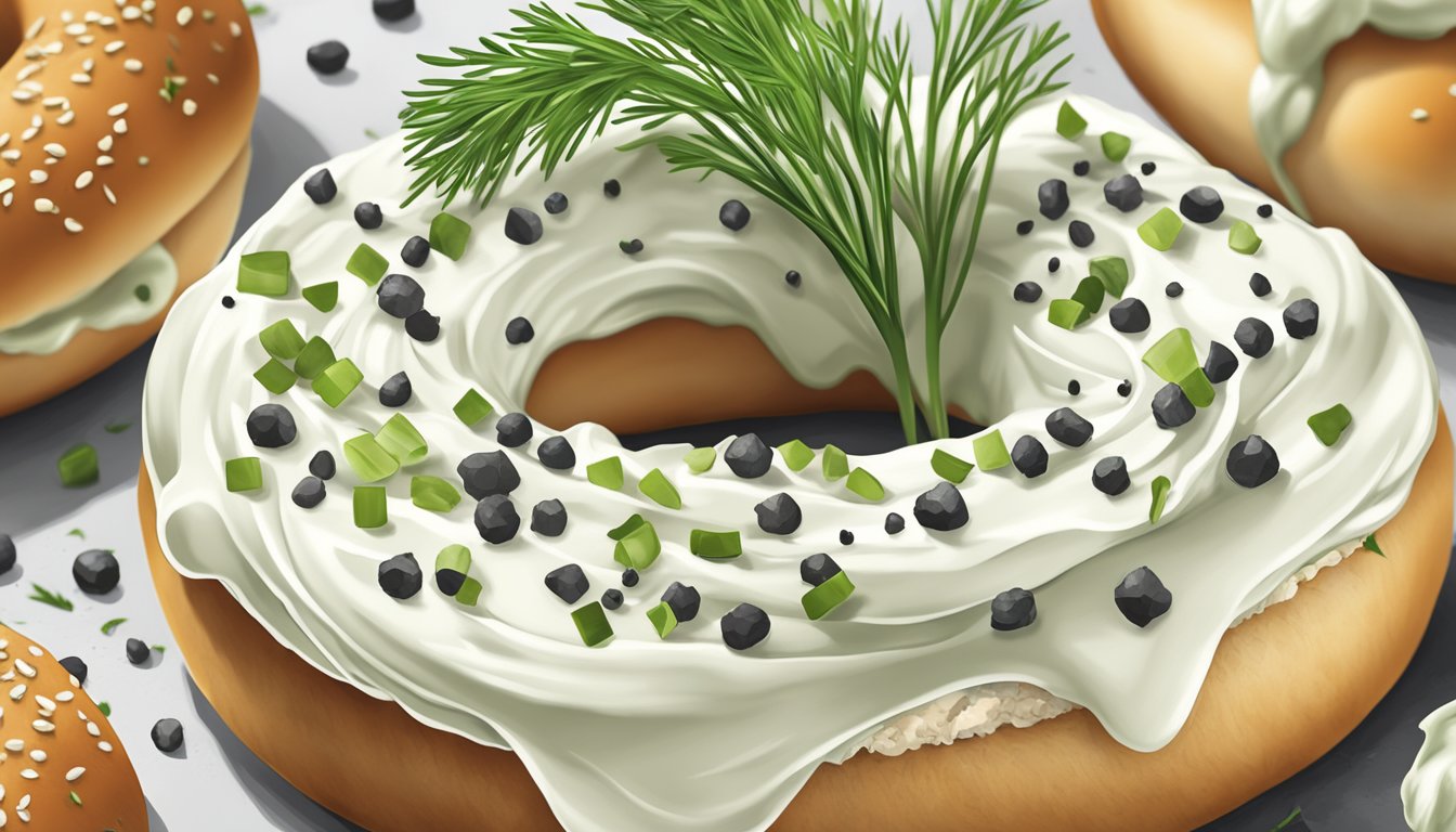 A bagel topped with herb cream cheese, chives, and black sesame seeds.