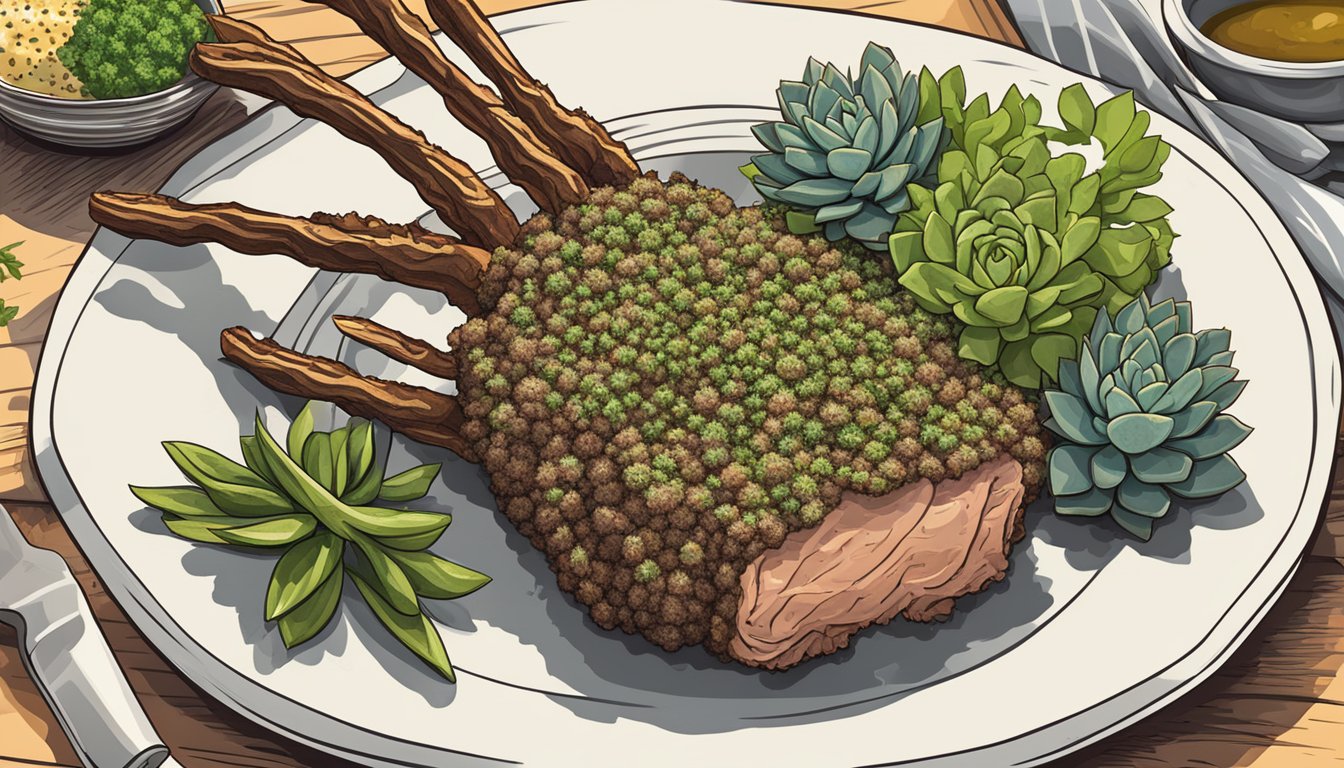 An illustration of a herb crusted rack of lamb on a white plate with green vegetables.