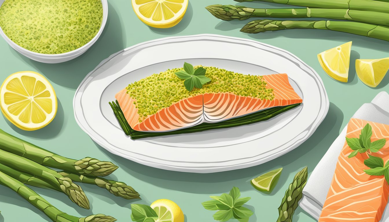 An illustration of a plate of herb crusted salmon served with grilled asparagus and lemon wedges.