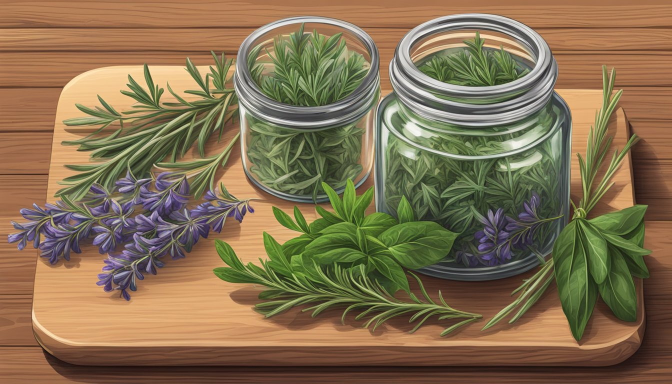 Illustration of two jars of herbs on a wooden cutting board with sprigs of rosemary, basil, and lavender.