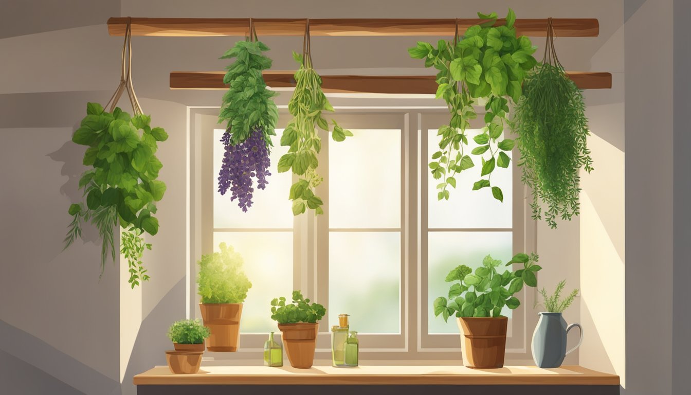 A wooden herb drying rack with various herbs in front of an open window.