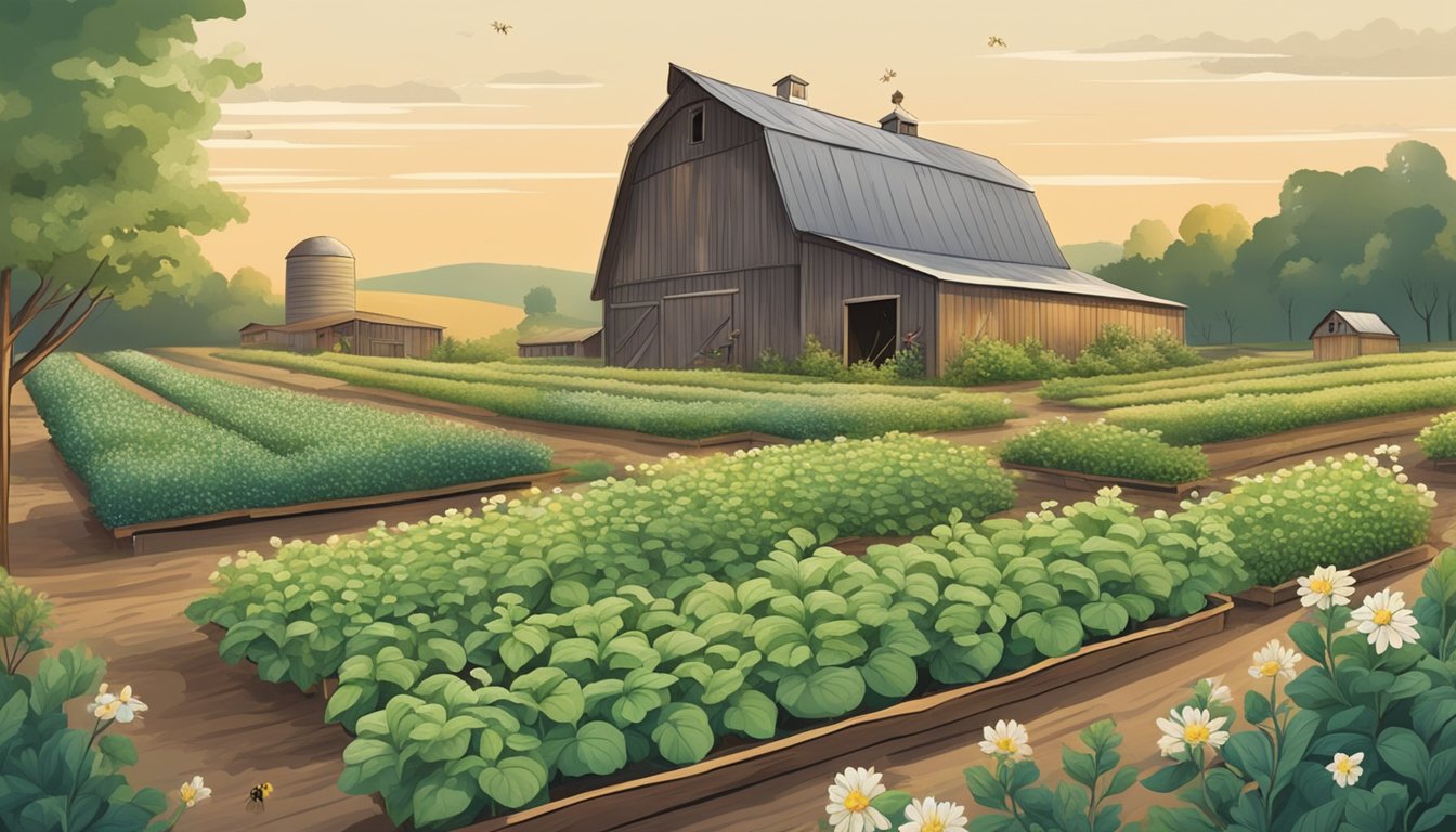 An illustration of a herb farm with neatly arranged rows of herbs, a barn, and a silo in the background under a soft orange sky.