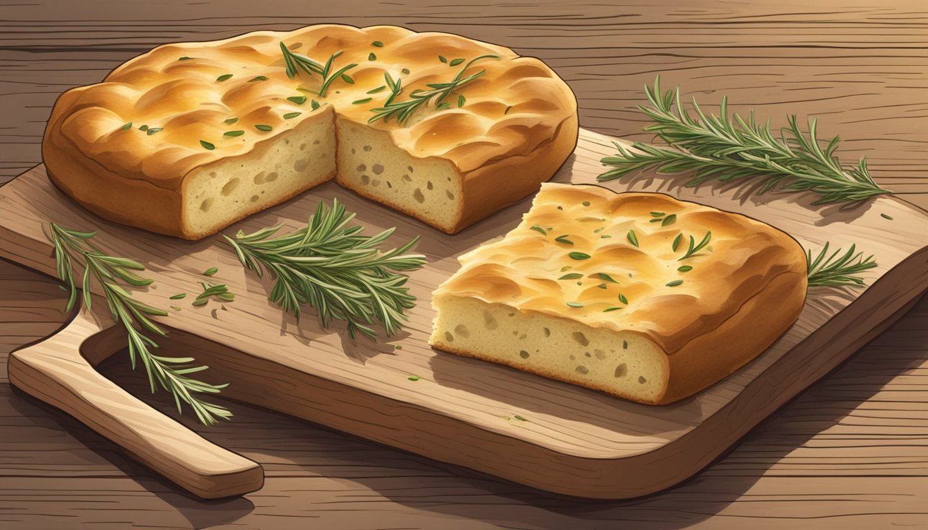 An illustration of two pieces of golden brown herb focaccia on a wooden cutting board, garnished with sprigs of rosemary.