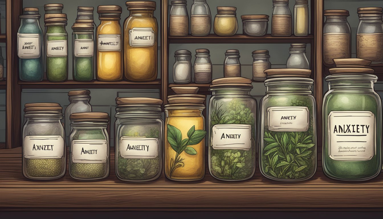 Illustration of various herbs in jars and bottles labeled ‘Anxiety’ and ‘Anxiety Tea’ on a wooden shelf.