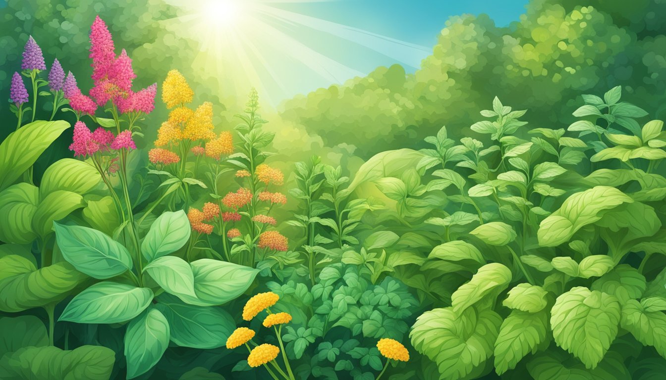 A vibrant digital illustration of a lush garden filled with various colorful flowers and plants.