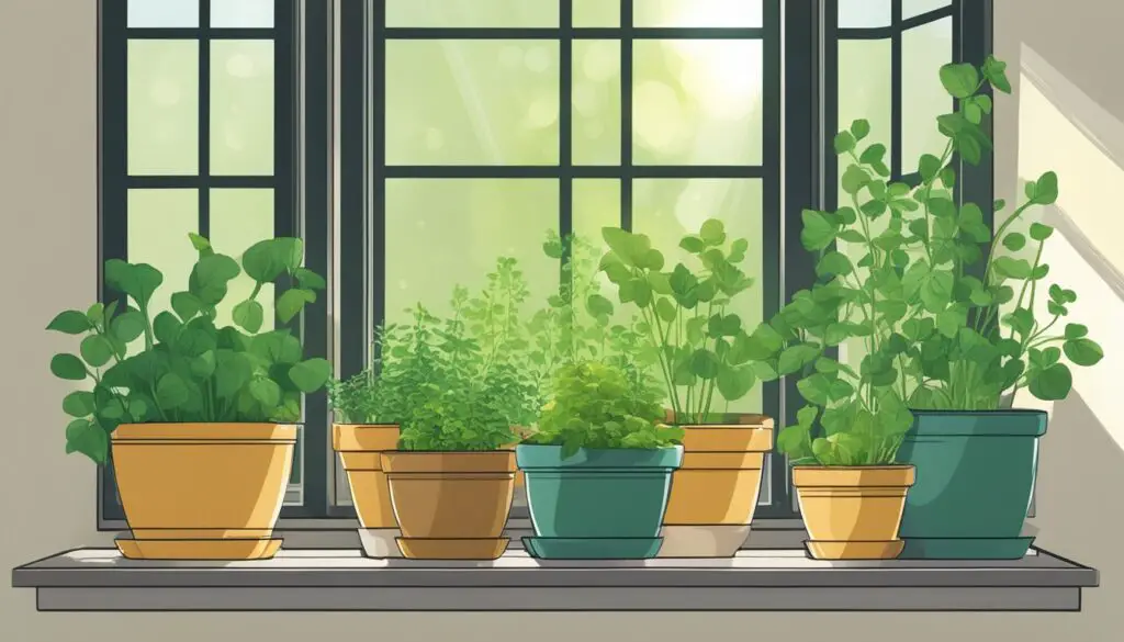 Illustration of an indoor herb garden on a windowsill.