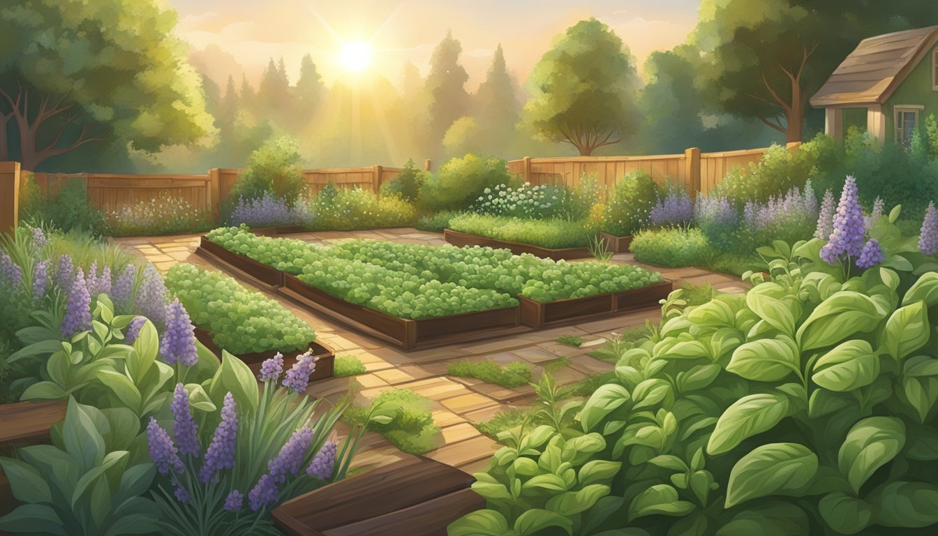 Digital illustration of a vibrant herb garden with a variety of plants and flowers, a wooden fence, and a small shed.