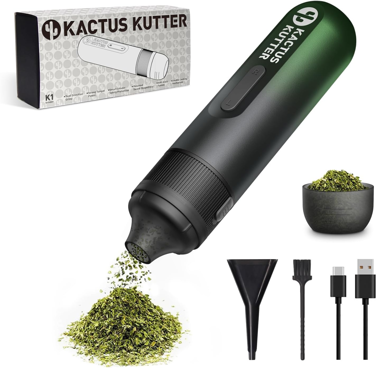 A black and green herb grinder with accessories and packaging.