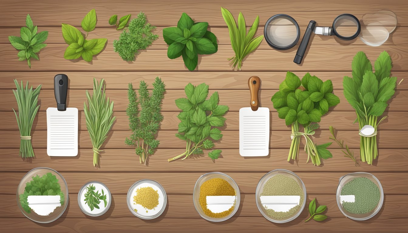 An illustration of various labeled herbs on a wooden background with scattered magnifying glasses.