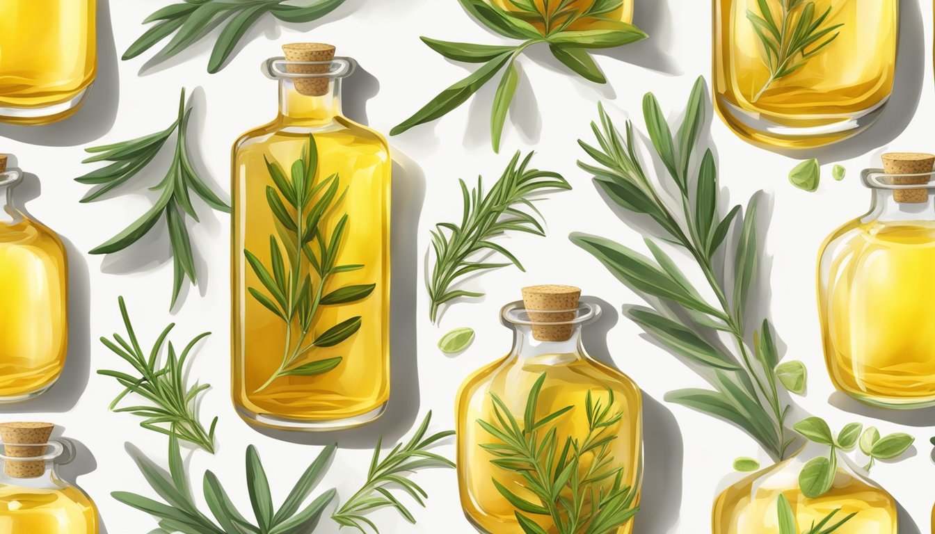 An illustration of multiple bottles of herb infused oil of different shapes and sizes, surrounded by scattered green leaves of rosemary and sage.