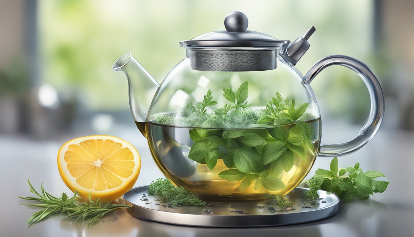 A glass teapot filled with water and herbs, with a lemon and rosemary on the counter.