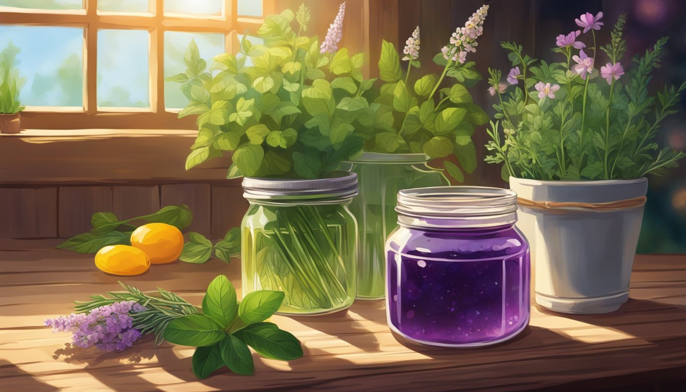 An illustration of a jar of purple herb jelly, a sprig of lavender, two mason jars filled with green herbs, and a potted plant with pink flowers on a wooden windowsill, with a view of a garden in the background.