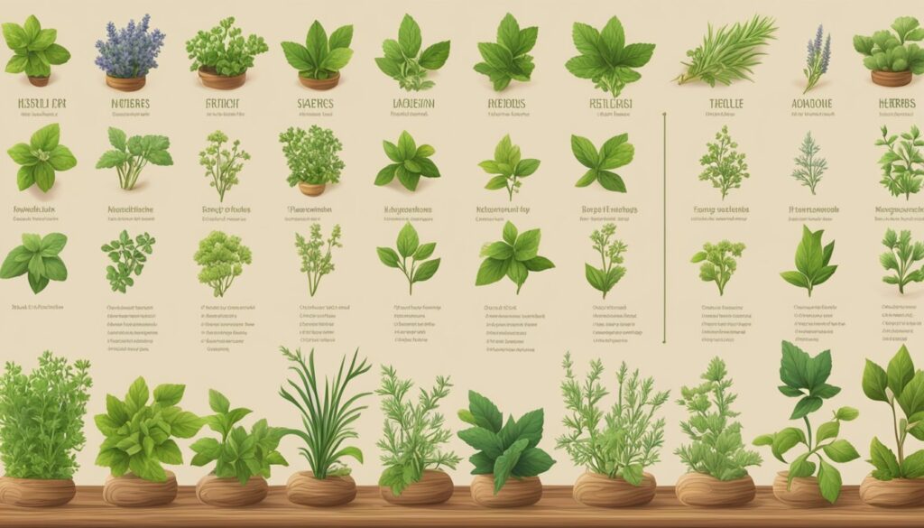 A variety of potted herbs on a wooden shelf.