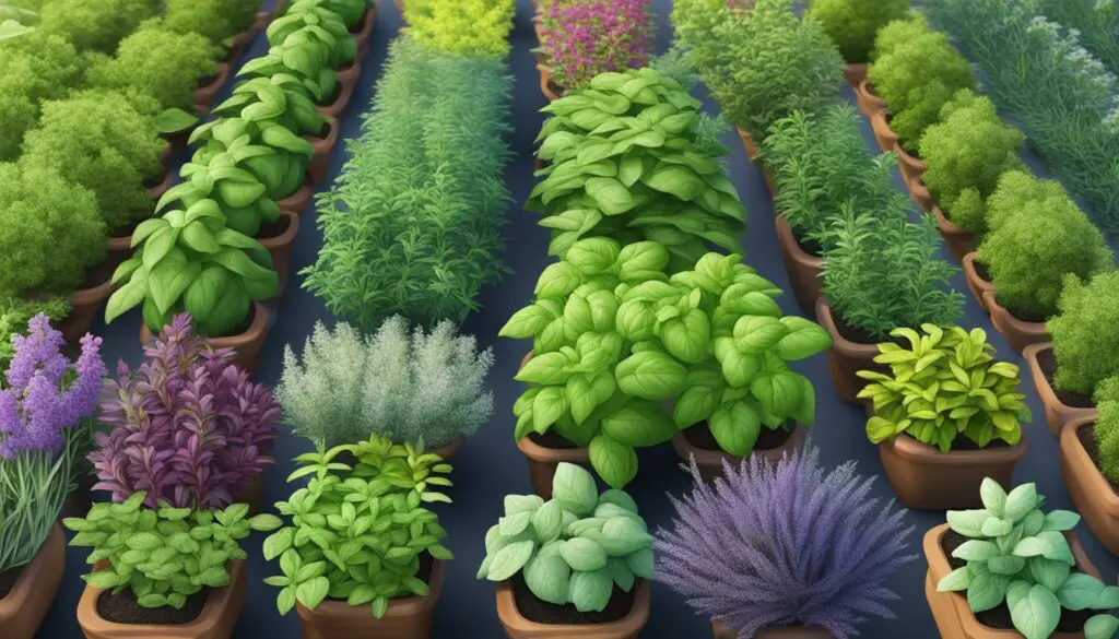 Rows of potted herbs in various colors and sizes.