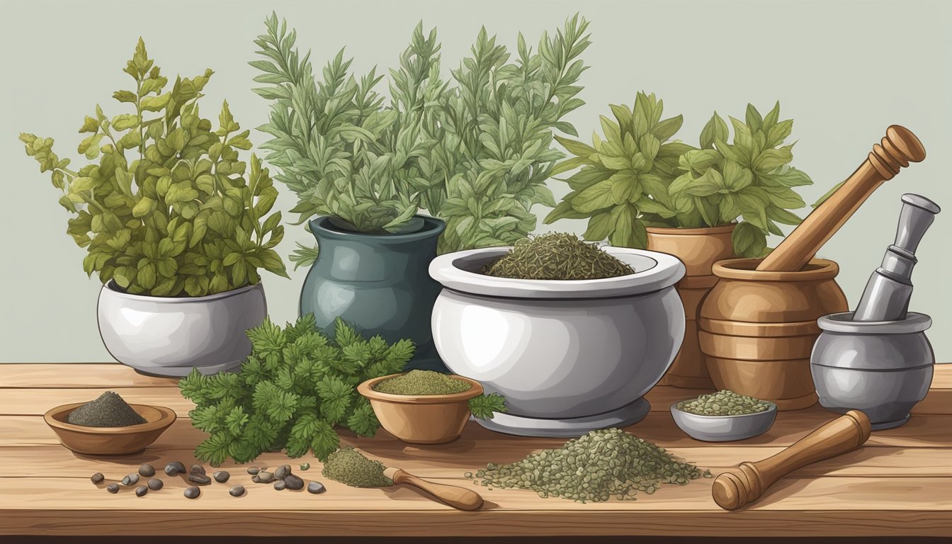 Illustration of various herbs and spices on a wooden table.