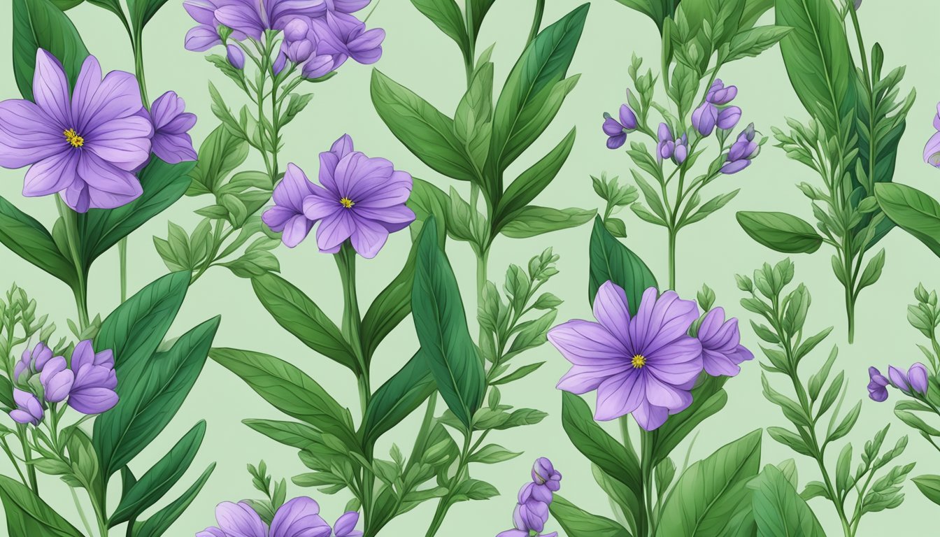 A seamless pattern of purple flowers and green leaves on a light green background.