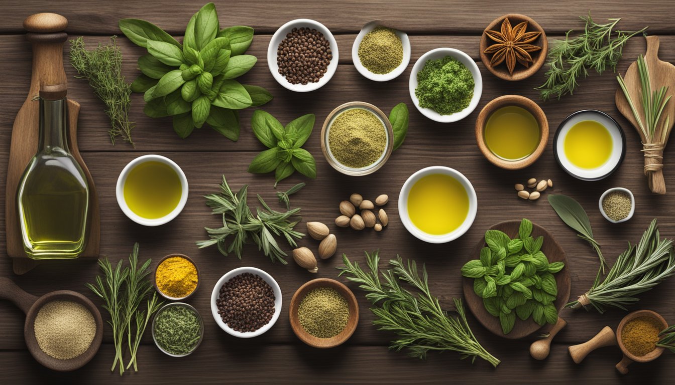 A variety of herbs, spices, and oils on a wooden background.