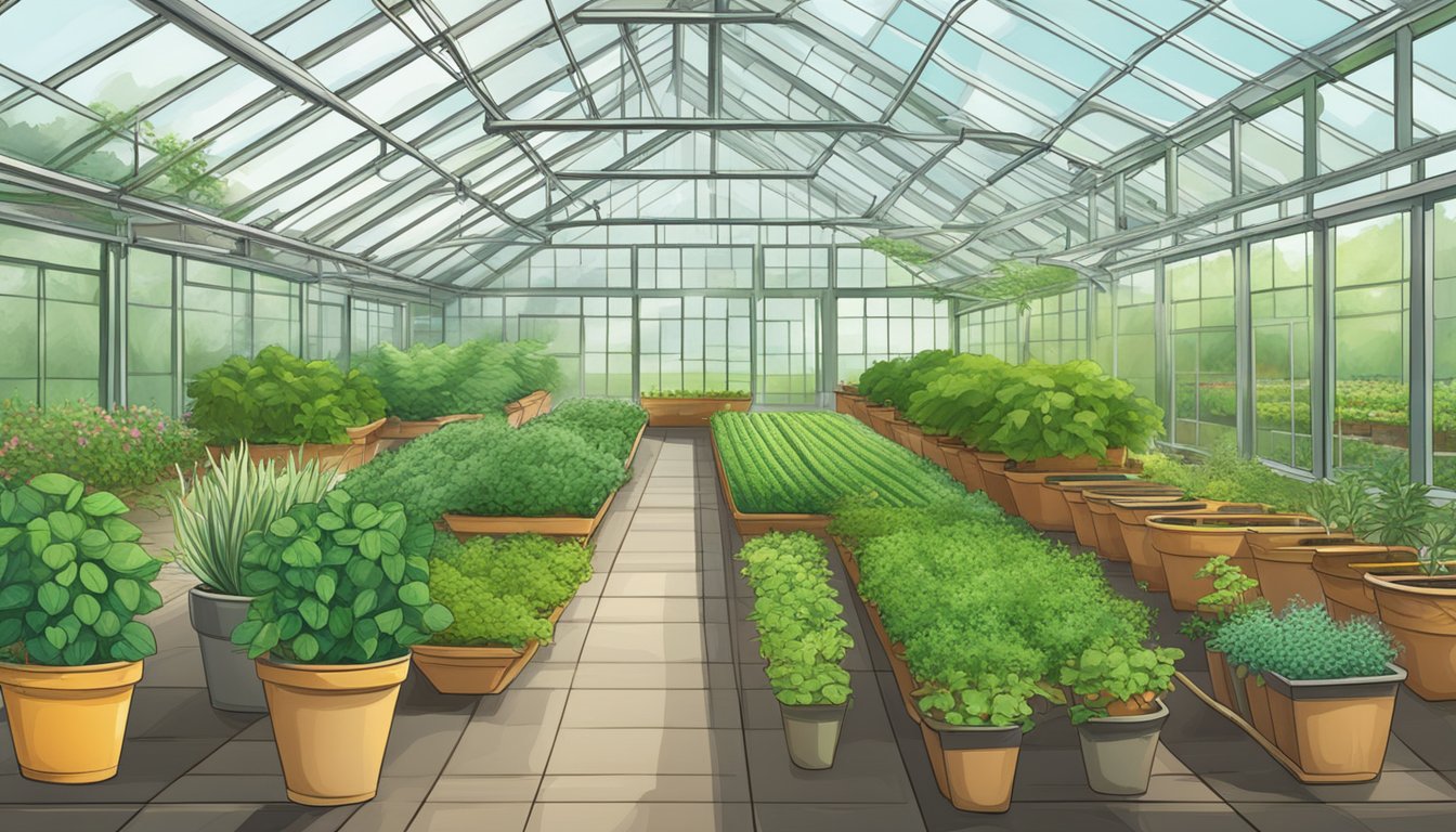 A serene greenhouse nurturing a variety of vibrant herbs.