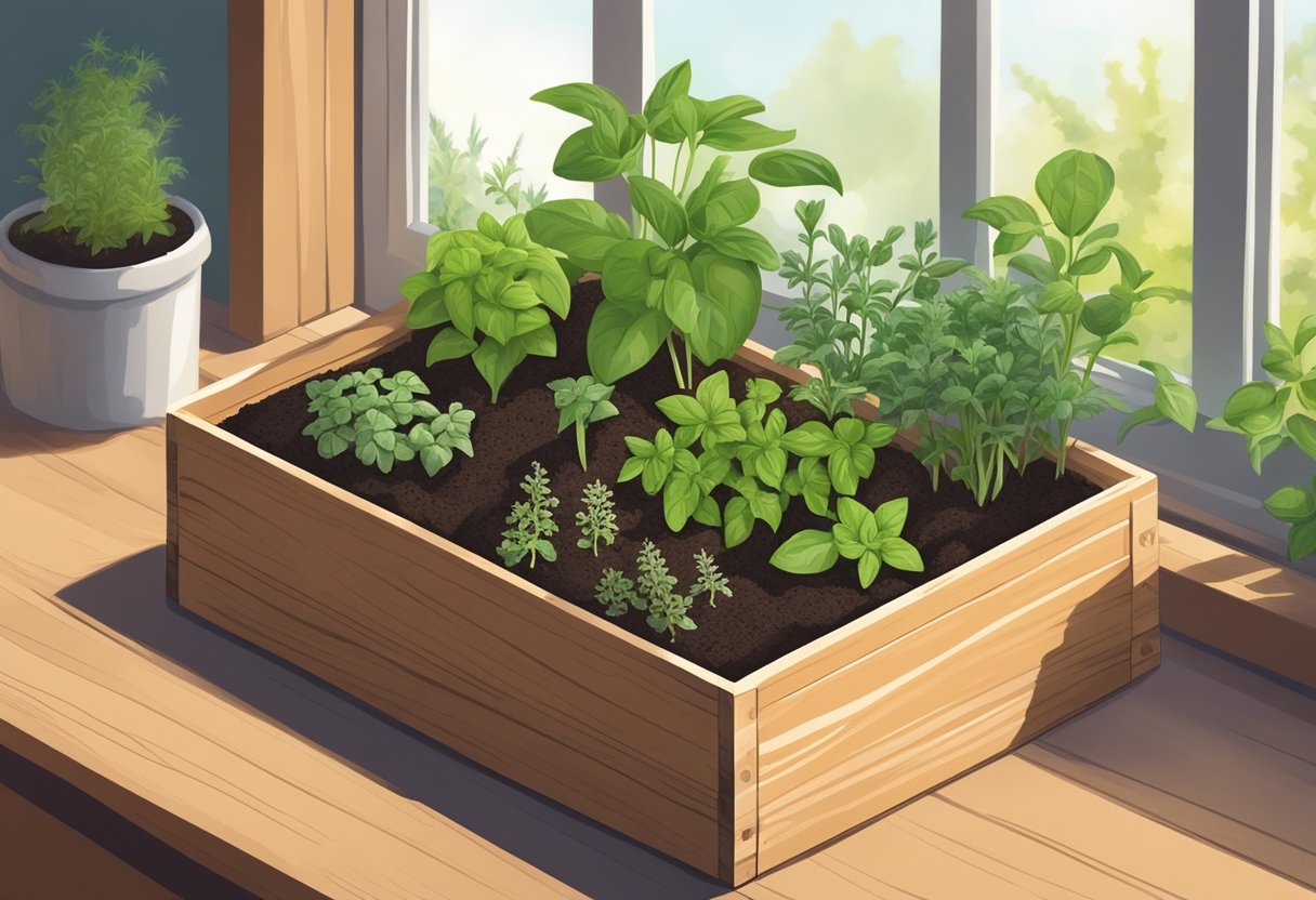 A vibrant herb planter filled with a variety of lush, green herbs.