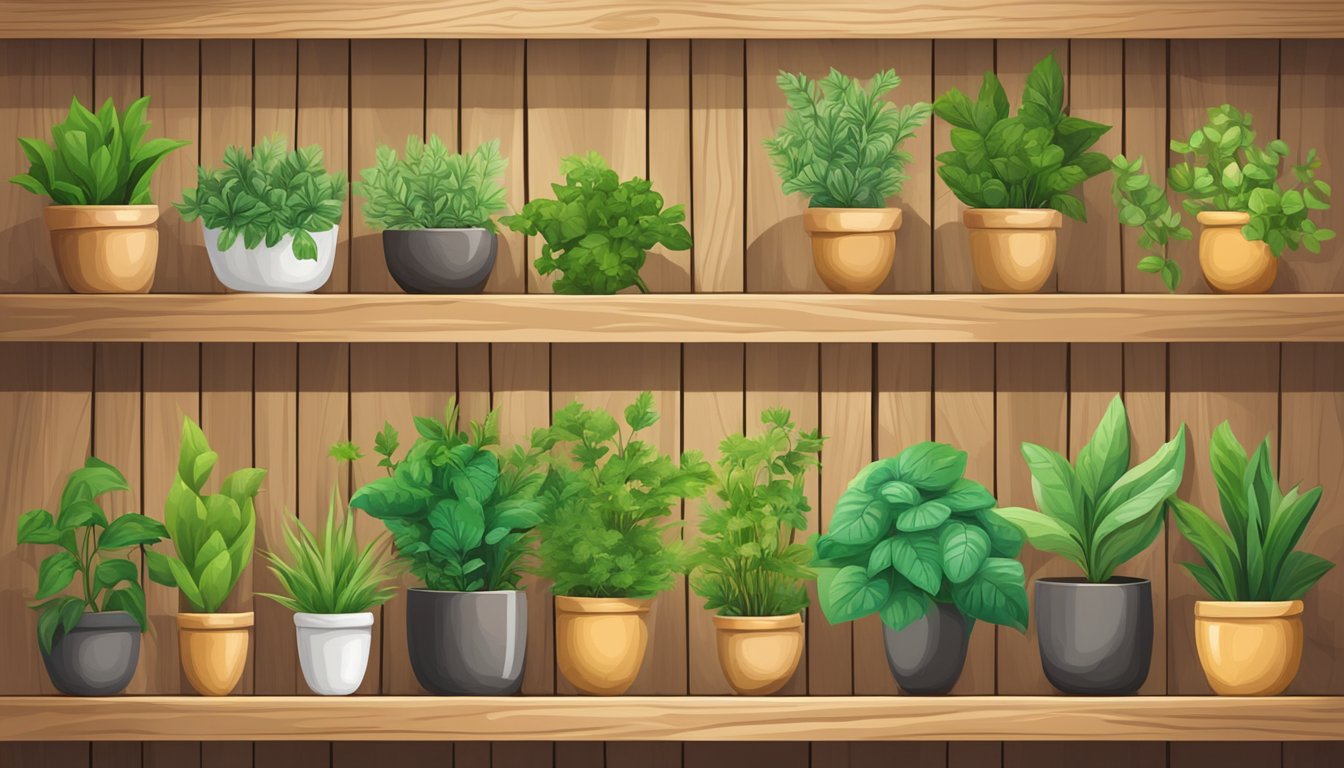 Various herb plants in pots neatly arranged on wooden shelves.
