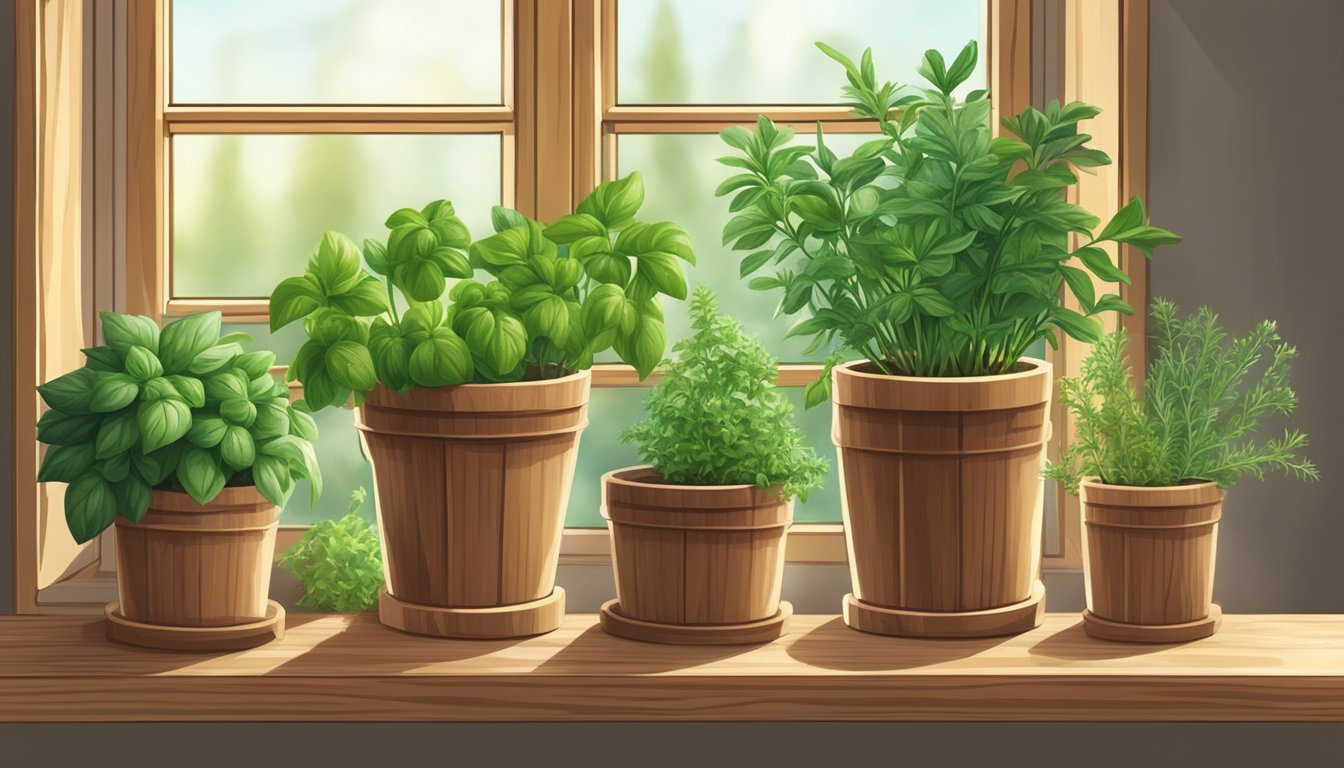 An illustration of wooden herb pots on a windowsill with a green garden in the background.